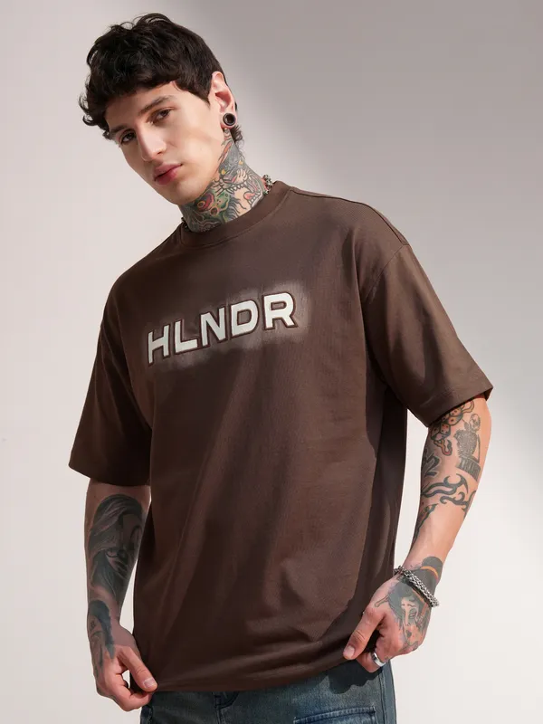 Highlander Men Brown Printed Round Neck Oversized Fit T-Shirt