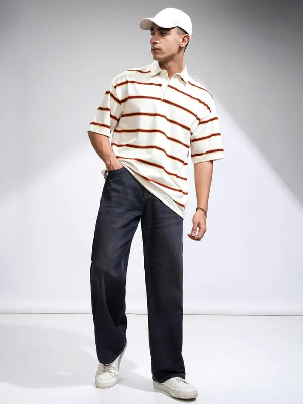 Highlander Men Off White Striped Polo Collar Oversized Fit T-Shirt