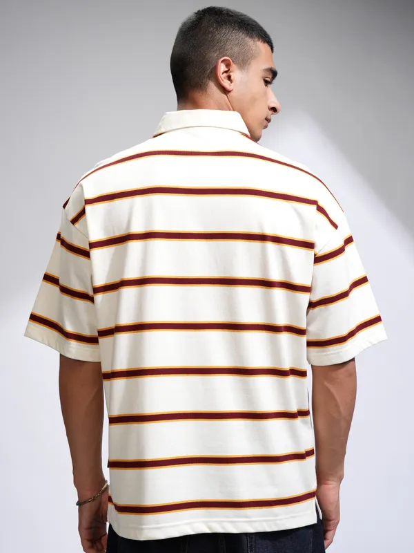 Highlander Men Off White Striped Polo Collar Oversized Fit T-Shirt