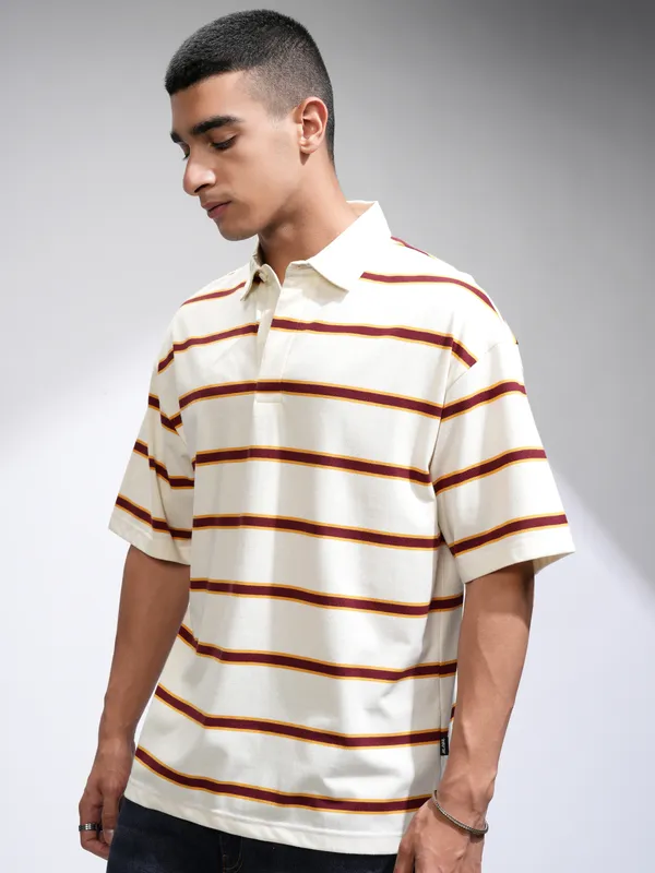 Highlander Men Off White Striped Polo Collar Oversized Fit T-Shirt