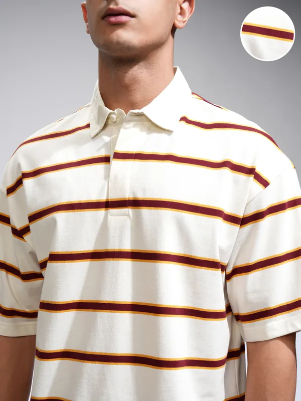 Highlander Men Off White Striped Polo Collar Oversized Fit T-Shirt