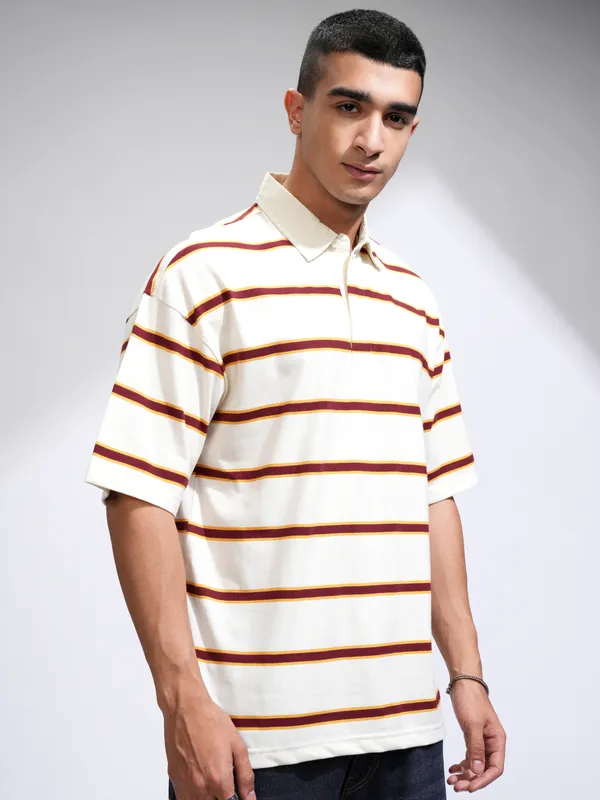 Highlander Men Off White Striped Polo Collar Oversized Fit T-Shirt