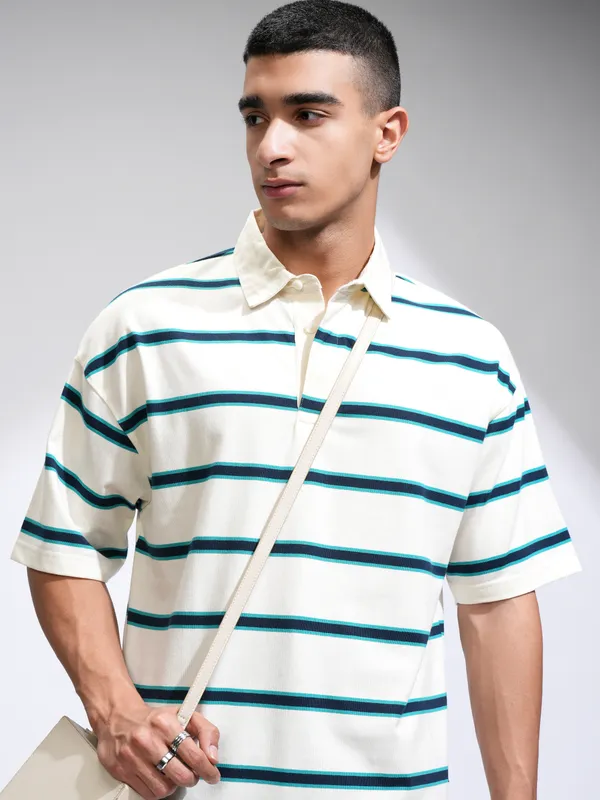 Men Striped Polo Collar Oversized Fit T-Shirt