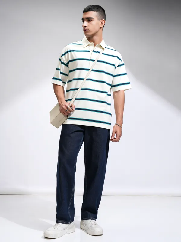 Highlander Men Off White Striped Polo Collar Oversized Fit T-Shirt