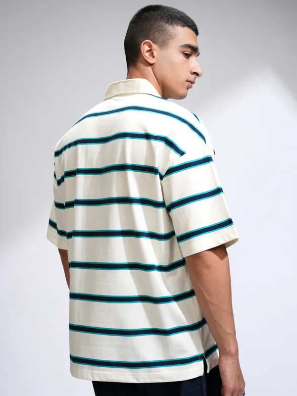 Highlander Men Off White Striped Polo Collar Oversized Fit T-Shirt