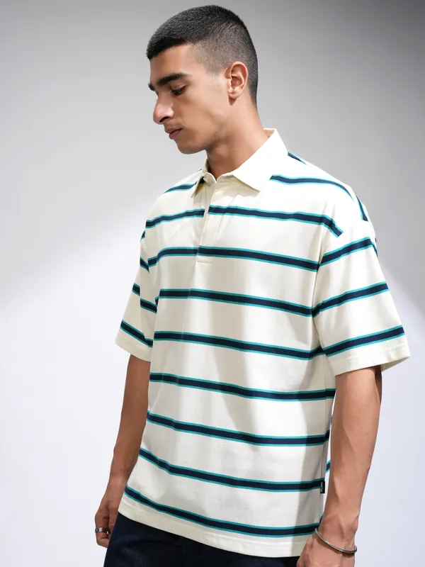 Highlander Men Off White Striped Polo Collar Oversized Fit T-Shirt