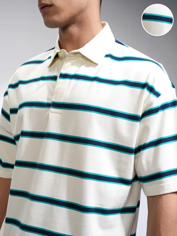 Highlander Men Off White Striped Polo Collar Oversized Fit T-Shirt