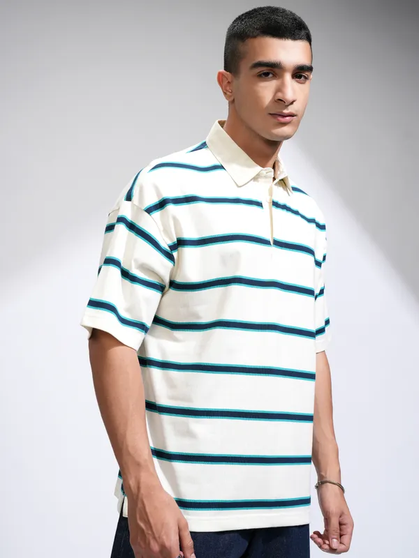Highlander Men Off White Striped Polo Collar Oversized Fit T-Shirt