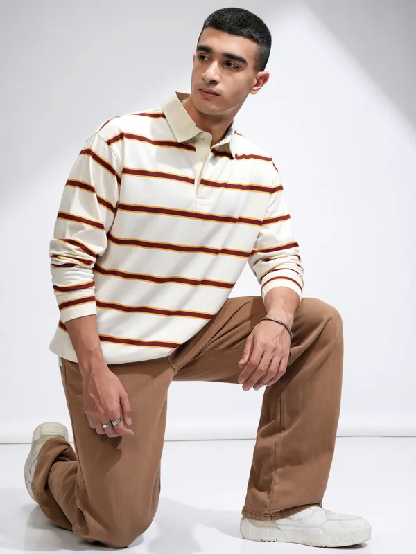 Highlander Men Off White Striped Polo Collar Relaxed Fit T-Shirt