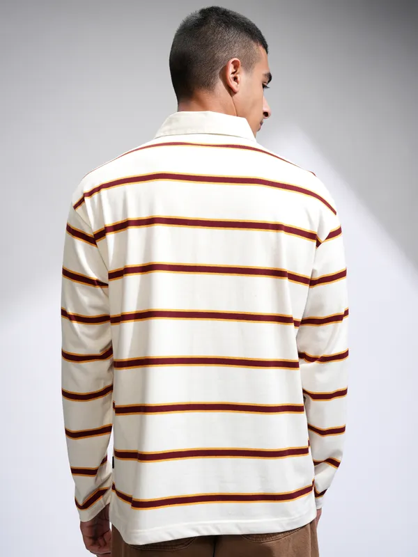 Highlander Men Off White Striped Polo Collar Relaxed Fit T-Shirt