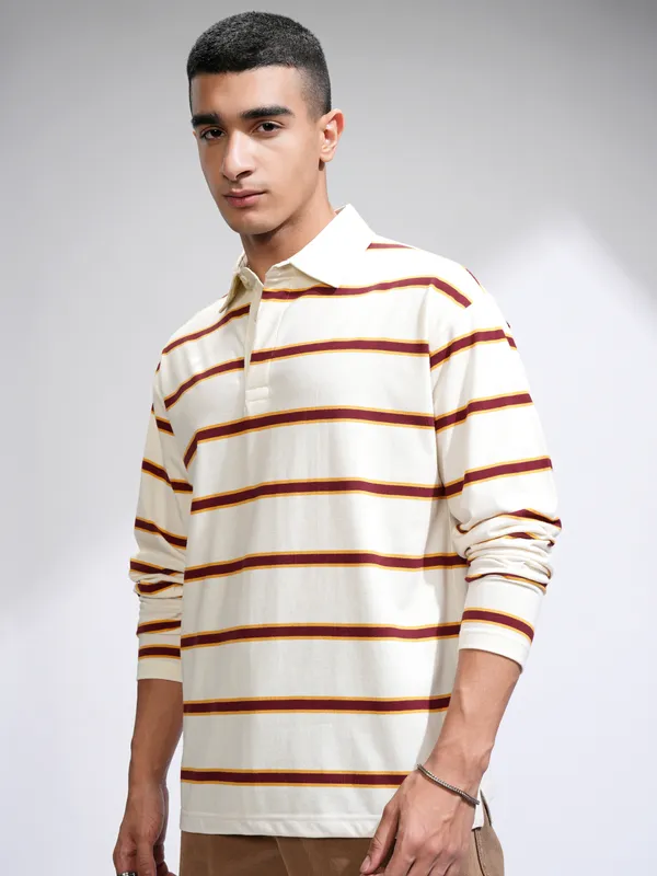 Highlander Men Off White Striped Polo Collar Relaxed Fit T-Shirt