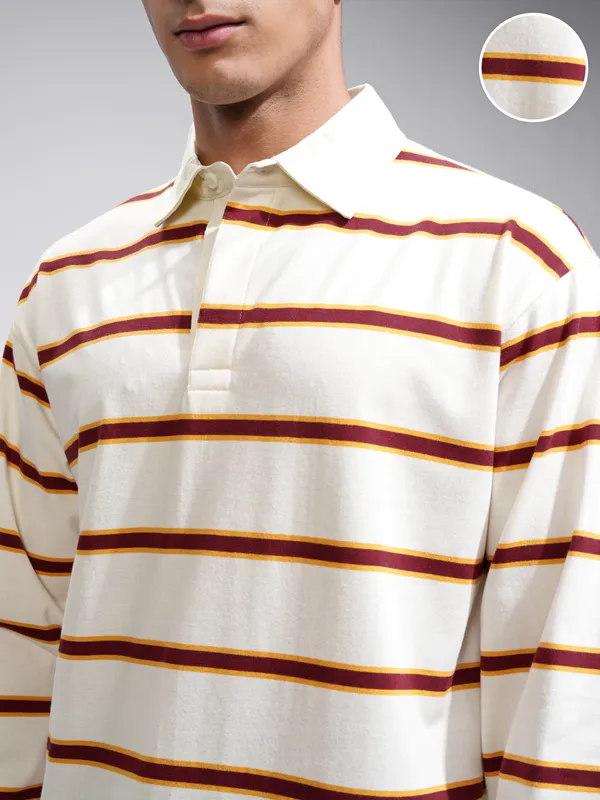 Highlander Men Off White Striped Polo Collar Relaxed Fit T-Shirt