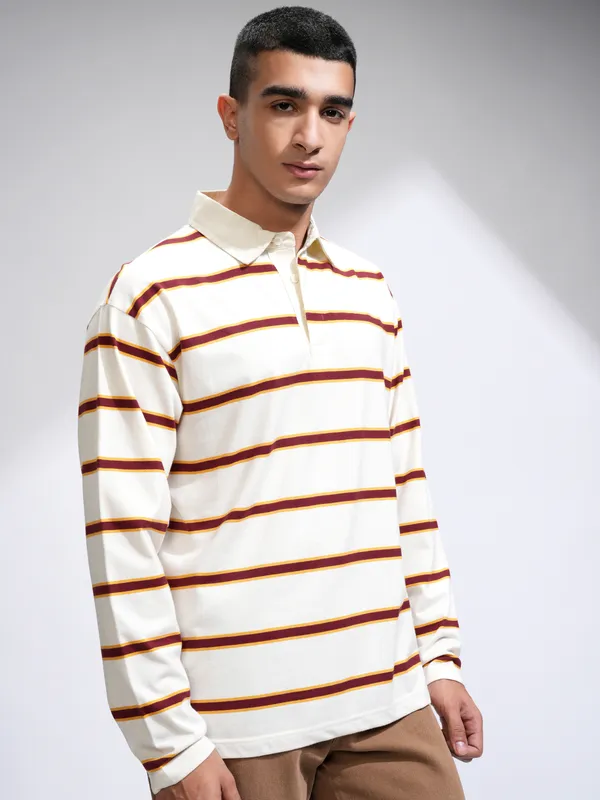 Highlander Men Off White Striped Polo Collar Relaxed Fit T-Shirt