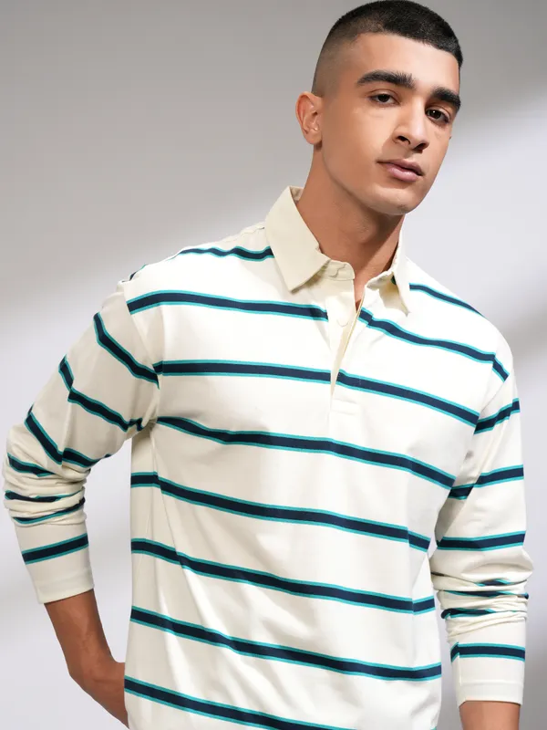 Highlander Men Off White Striped Polo Collar T-Shirt
