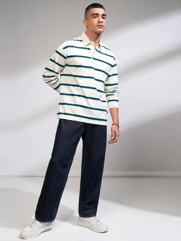 Highlander Men Off White Striped Polo Collar T-Shirt