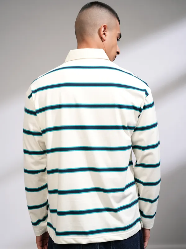 Highlander Men Off White Striped Polo Collar T-Shirt