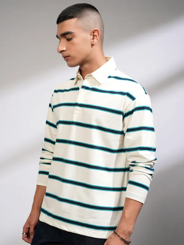Highlander Men Off White Striped Polo Collar T-Shirt