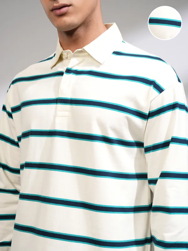 Highlander Men Off White Striped Polo Collar T-Shirt
