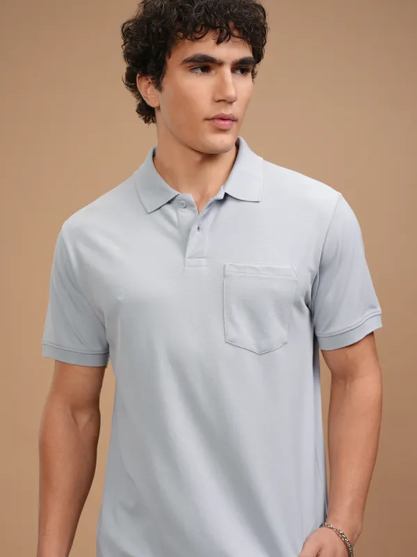 Highlander Men Grey Solid Polo Collar T-Shirt