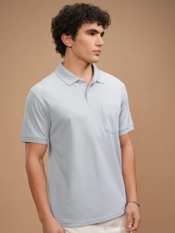 Highlander Men Grey Solid Polo Collar T-Shirt