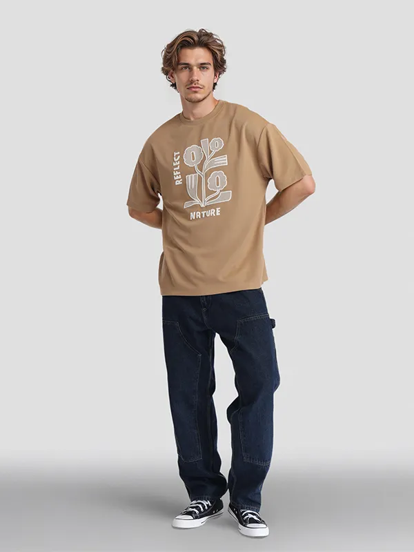 Highlander Men Khaki Applique Round Neck Oversized Fit T-Shirt