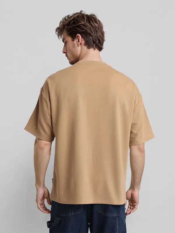 Highlander Men Khaki Applique Round Neck Oversized Fit T-Shirt