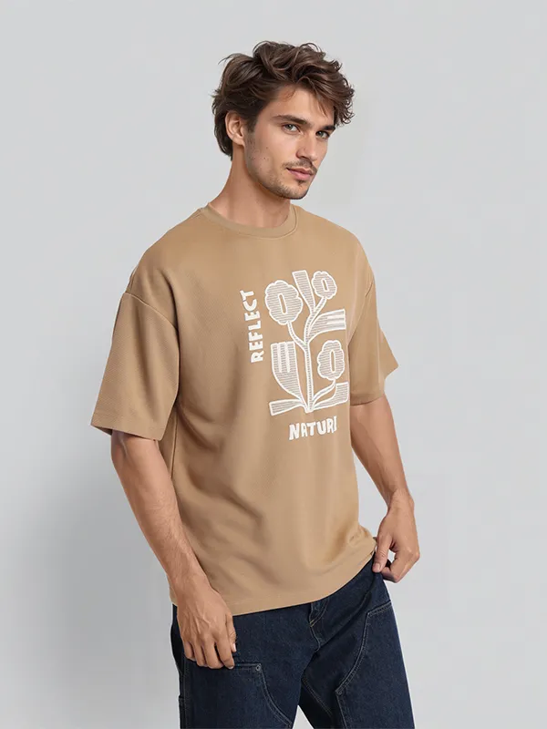 Highlander Men Khaki Applique Round Neck Oversized Fit T-Shirt