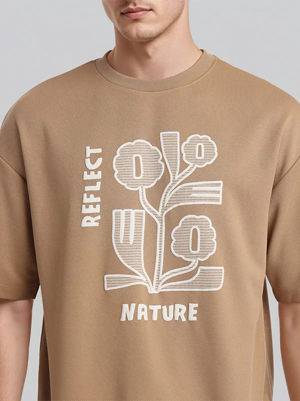 Highlander Men Khaki Applique Round Neck Oversized Fit T-Shirt