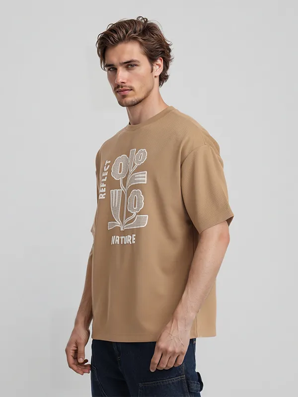 Highlander Men Khaki Applique Round Neck Oversized Fit T-Shirt