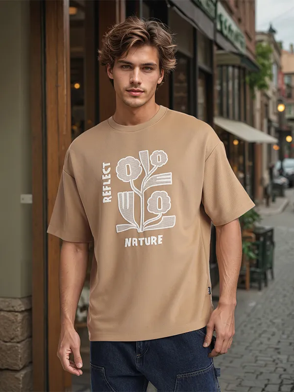 Highlander Men Khaki Applique Round Neck Oversized Fit T-Shirt