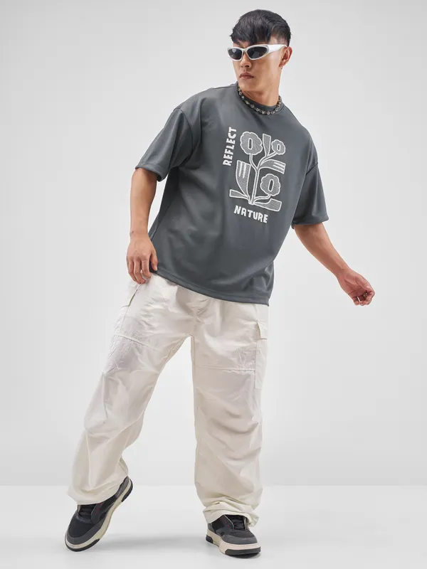 Highlander Men Grey Applique Round Neck Oversized Fit T-Shirt