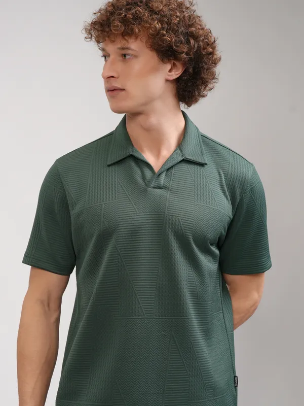 Highlander Men Teal Self Design Polo Collar T-Shirt