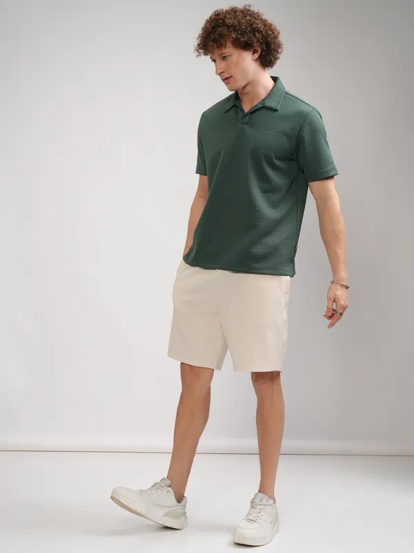 Highlander Men Teal Self Design Polo Collar T-Shirt