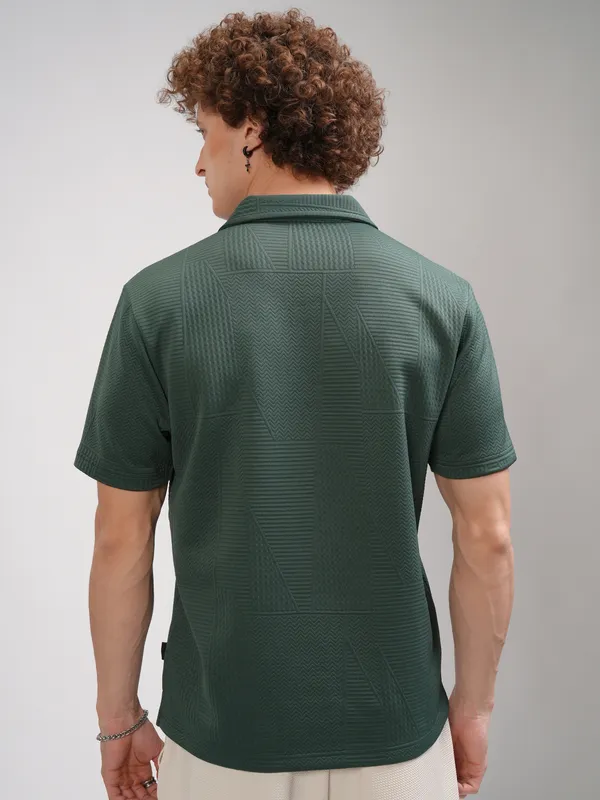 Highlander Men Teal Self Design Polo Collar T-Shirt