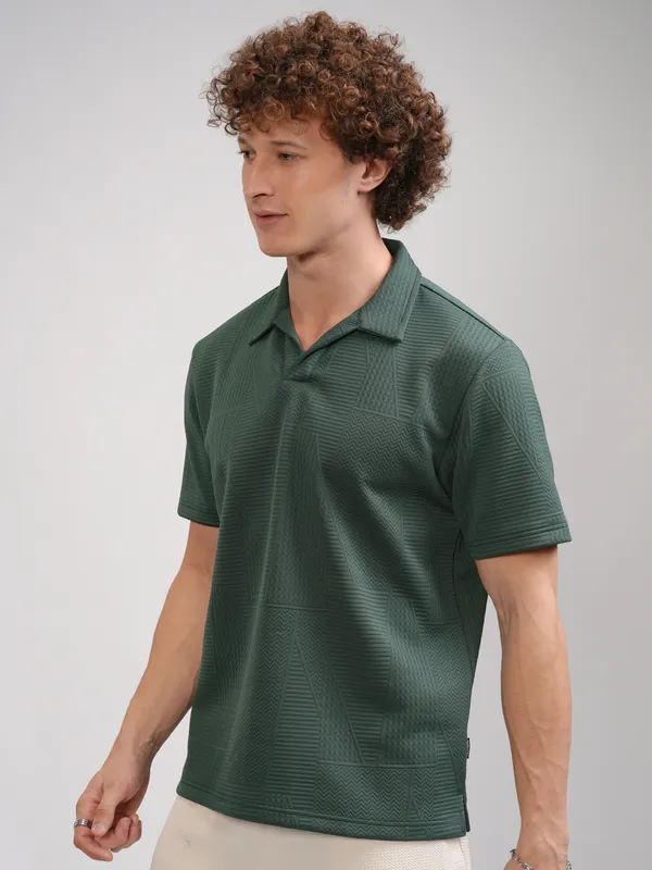 Highlander Men Teal Self Design Polo Collar T-Shirt