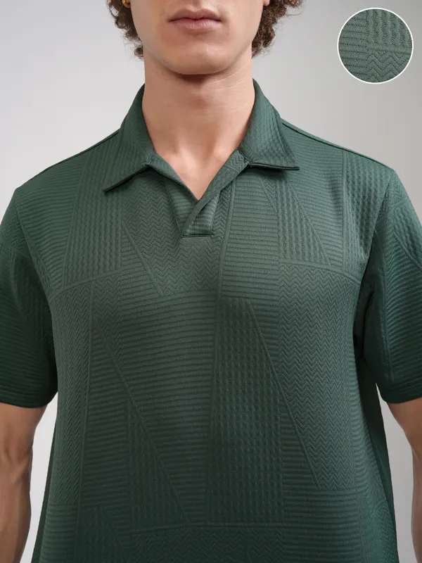 Highlander Men Teal Self Design Polo Collar T-Shirt