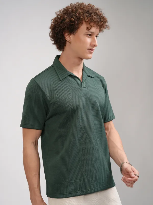 Highlander Men Teal Self Design Polo Collar T-Shirt