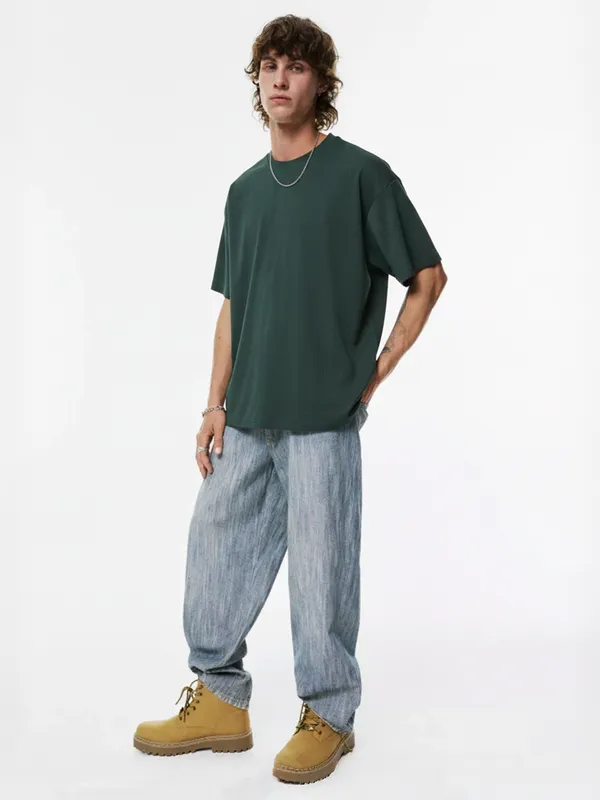 Highlander Men Teal Self Design Round Neck Oversized Fit T-Shirt