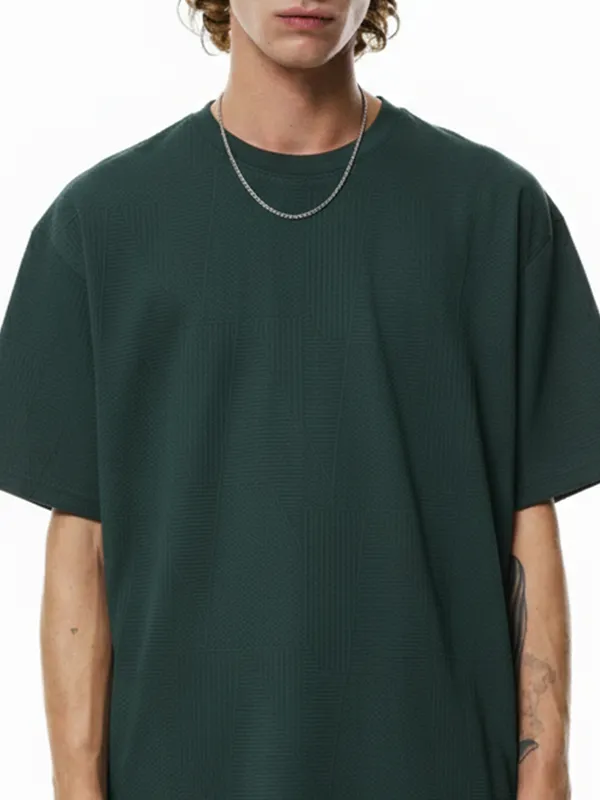 Highlander Men Teal Self Design Round Neck Oversized Fit T-Shirt