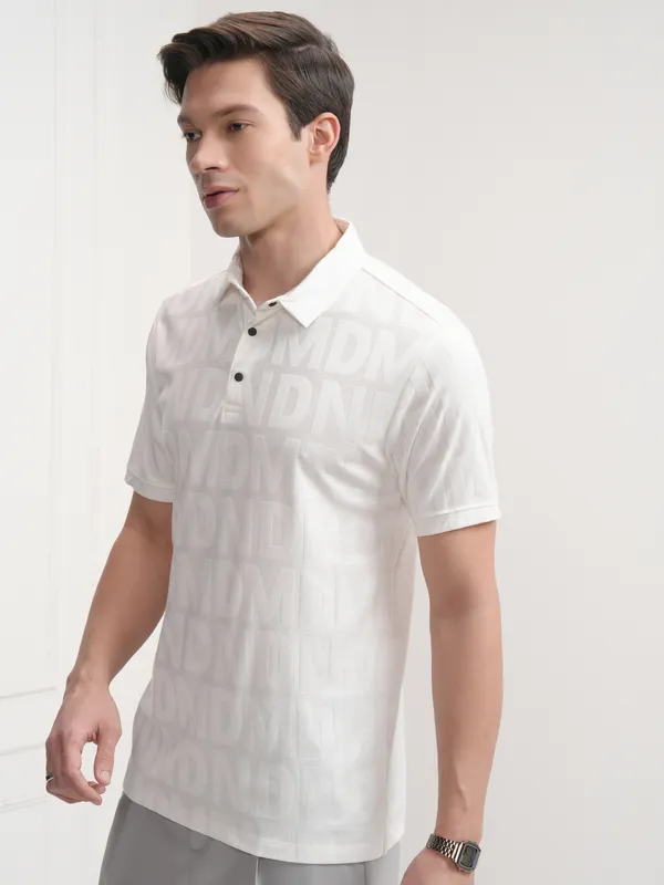 Highlander Men White Printed Polo Collar T-Shirt