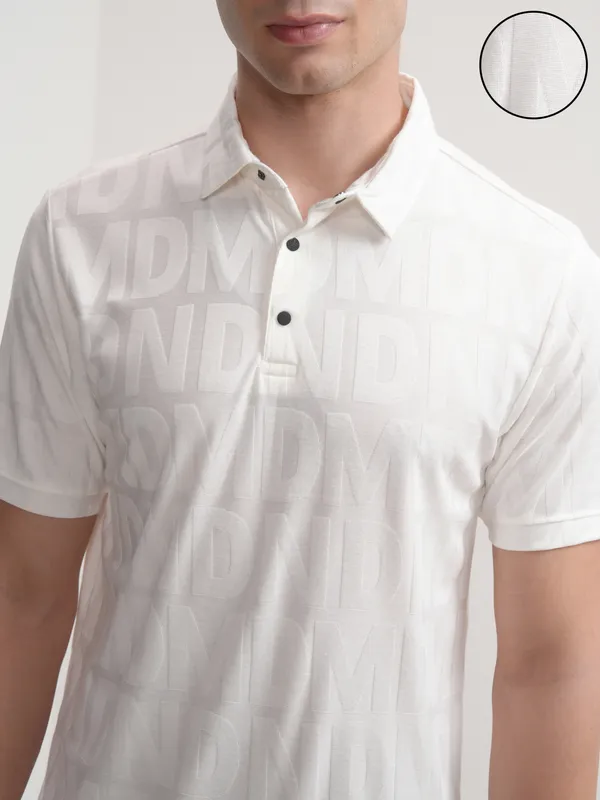 Highlander Men White Printed Polo Collar T-Shirt