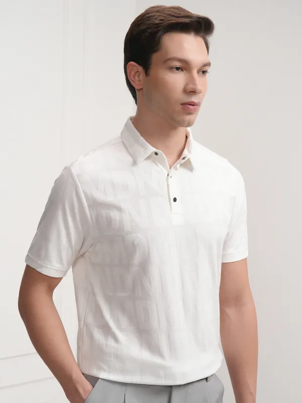 Highlander Men White Printed Polo Collar T-Shirt