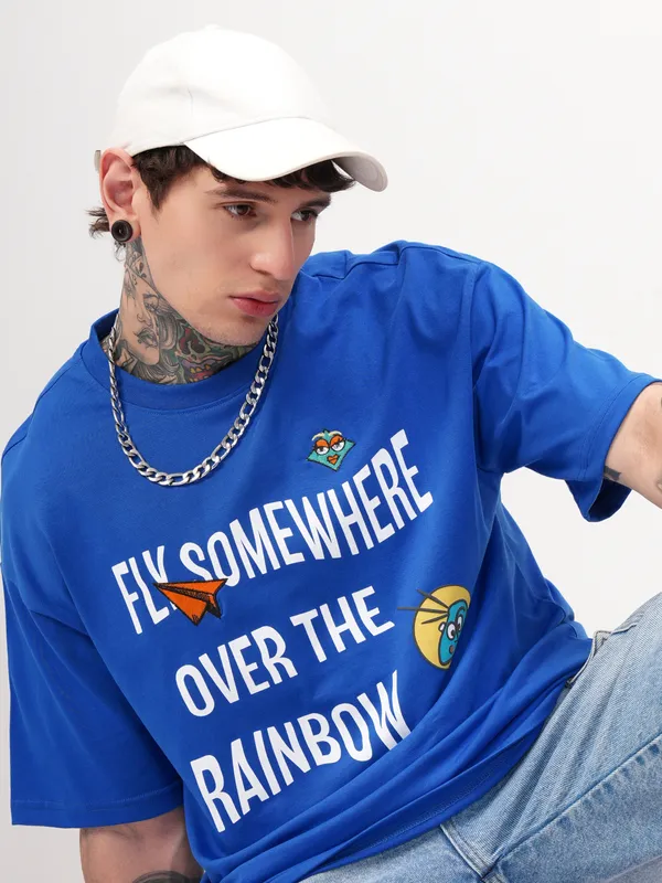 Highlander Men Blue Printed Round Neck Oversized Fit T-Shirt