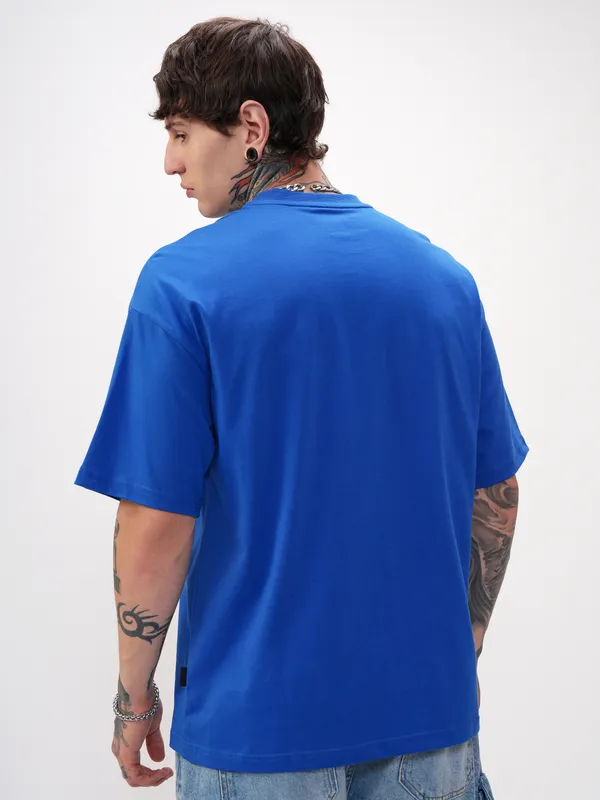 Highlander Men Blue Printed Round Neck Oversized Fit T-Shirt
