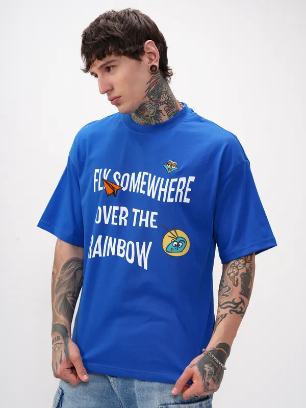 Highlander Men Blue Printed Round Neck Oversized Fit T-Shirt