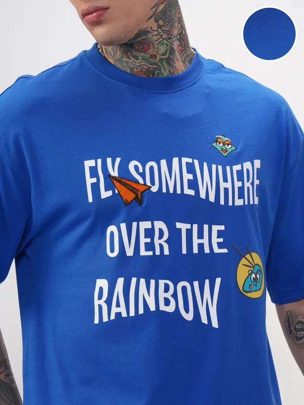 Highlander Men Blue Printed Round Neck Oversized Fit T-Shirt