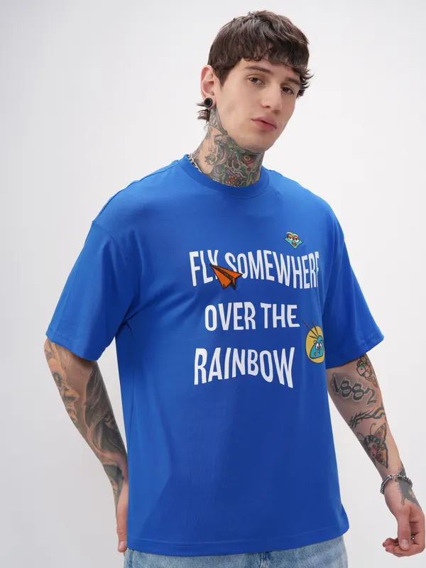 Highlander Men Blue Printed Round Neck Oversized Fit T-Shirt