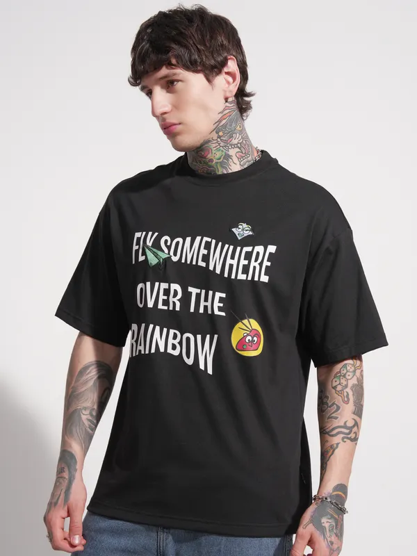 Highlander Men Black Printed Round Neck Oversized Fit T-Shirt