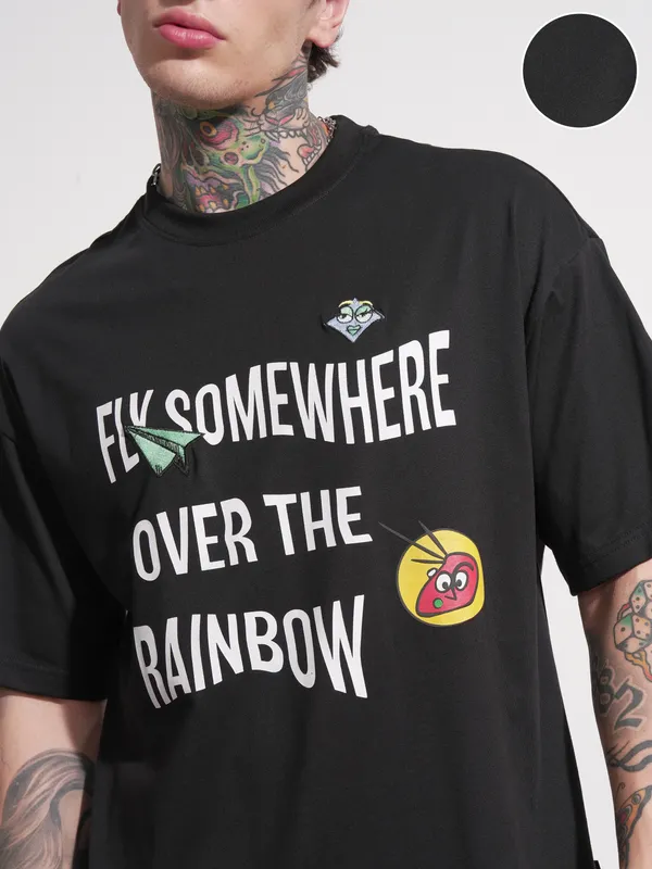 Highlander Men Black Printed Round Neck Oversized Fit T-Shirt