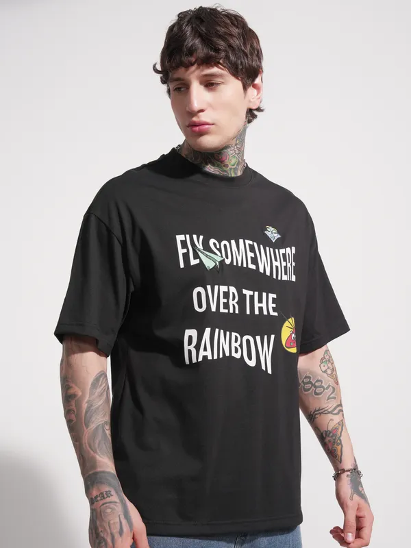 Highlander Men Black Printed Round Neck Oversized Fit T-Shirt